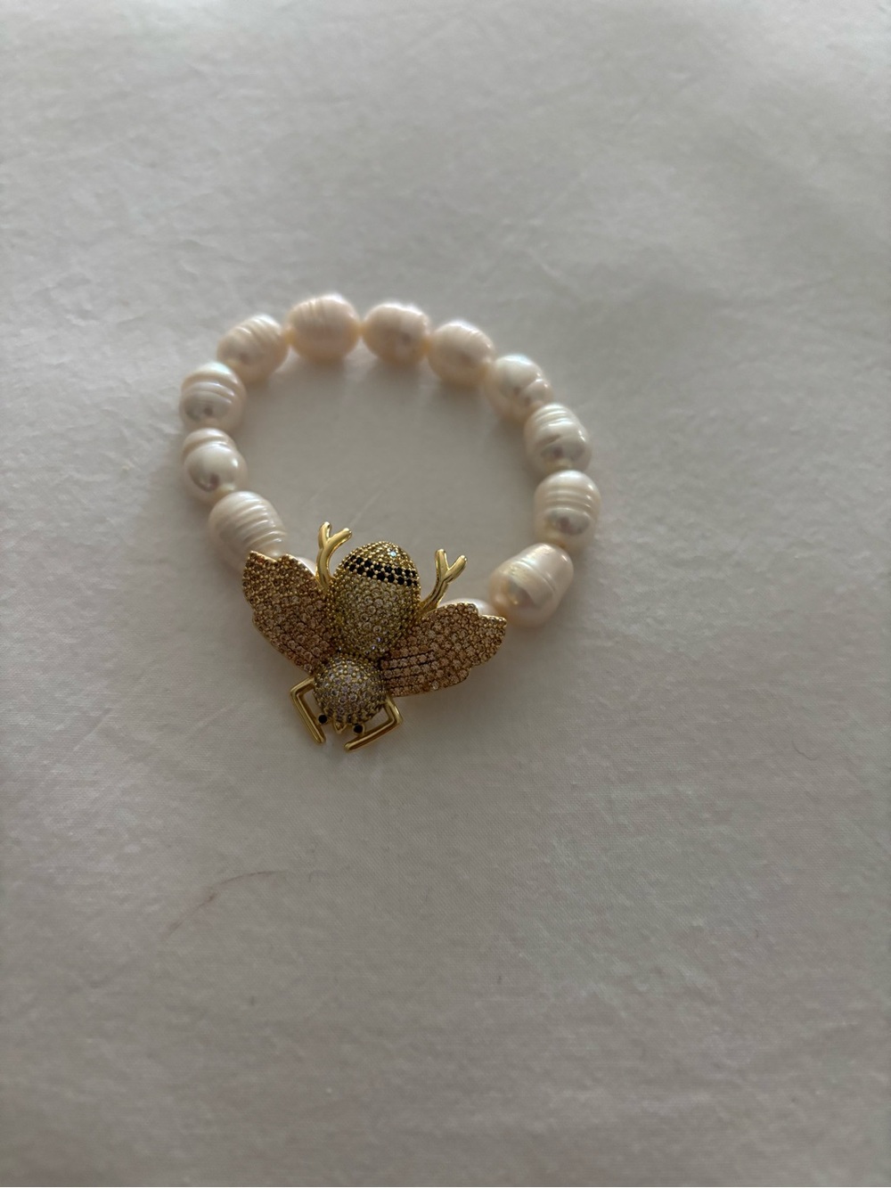 Pearl Stretch Bracelet with Gold Bee Charm